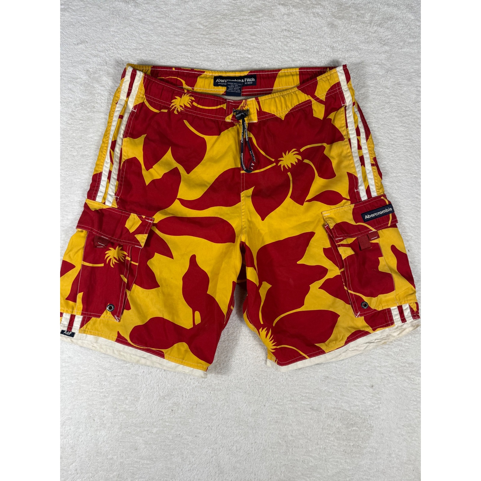 Abercrombie & Fitch Board Shorts Mens M Red Yellow Good Floral Hibiscus Y2k Surf